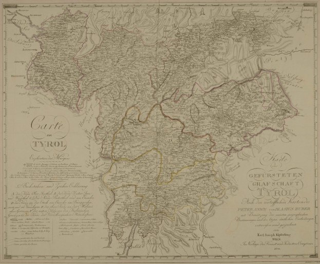 Detailreicher alter Stadtplan von Tirol, Deutschland, mit Städten, Dörfern, Straßen, Sehenswürdigkeiten und geografischen Merkmalen sowie begleitendem Text.