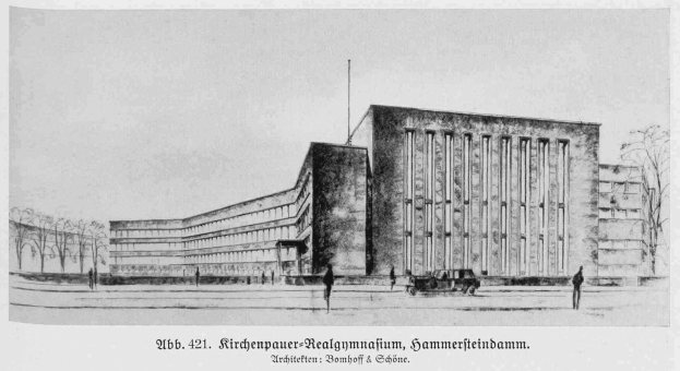 Schwarze und weiße Zeichnung eines Gebäudes mit einem vor dem Gebäude geparkten Auto, umgeben von Bäumen und Menschen, mit Text am unteren Rand, der 'Ritchenpauer-Realynmajum, Sammerfeinbahn, Berlin, Deutschland' lautet.