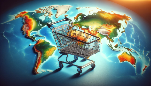 Ein Einkaufswagen voller Lebensmittel steht vor einer Weltkarte und symbolisiert die Rolle des E-Commerce im globalen Handel.