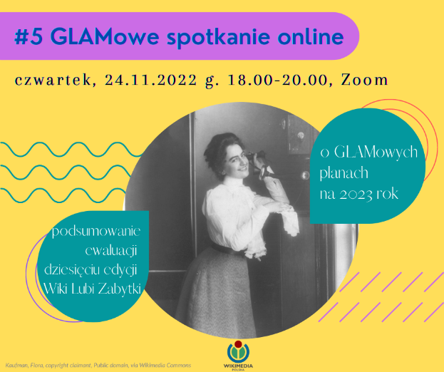 Ein Plakat mit einem selbstbewussten Model in einem stylischen Outfit und der Schrift "5 glamowe spotkanie online" in fetter Schrift.