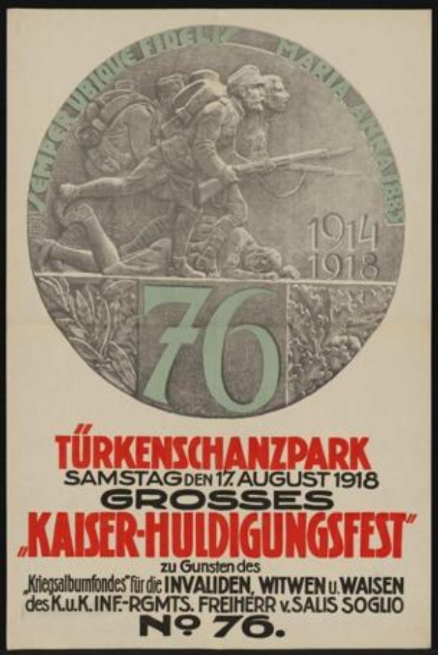 Plakat zum 70. Jubiläum des Kaiser-Huldigungsfestes in Berlin, Deutschland, mit einer Gruppe von Menschen umgeben von Text und Zahlen, in einem Photo-Rahmen.