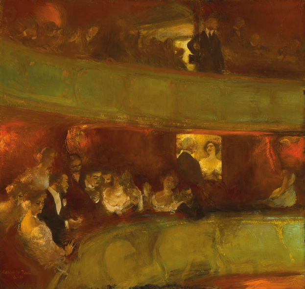 Ein Bild einer vielseitigen Gruppe von Menschen in einem hell erleuchteten Theater, einige stehen, einige sitzen, alle in eleganter Kleidung, die eine lebhafte und einladende Atmosphäre schaffen.