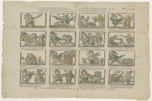 Schwarz-weiß-Illustration eines Mannes mit Hut und einer Frau in einem Kleid, die eng beieinanderstehen und beide besorgt aussehen, umgeben von einem chaotischen Durcheinander aus Text und kleineren Bildern.