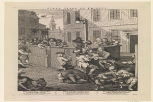 Eine Gruppe von Menschen und Tieren versammelt sich vor einem Gebäude mit Fenstern und einer Straßenlaterne, mit einem Himmel als Hintergrund, und der Text 'Erste Stufe der Grausamkeit' unten.