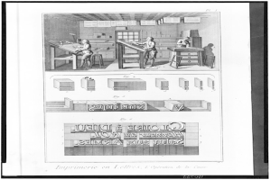 Schwarz-weiß-Etching of a man working in a factory with a paper in the foreground showing text and images of people, tables, and objects, including the phrase 'Imprimerie en lettres, l'operation de la casse' at the bottom.