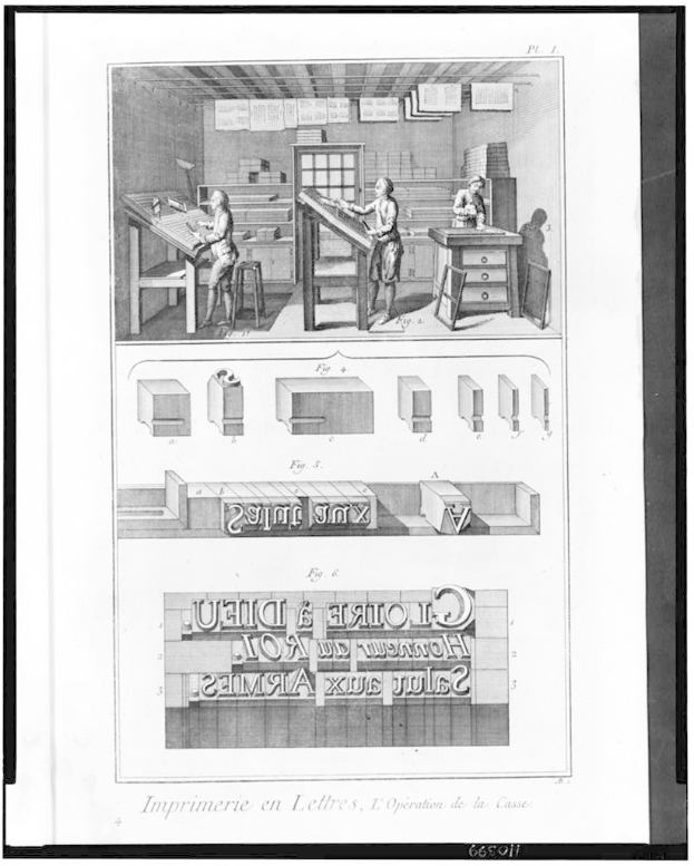 Schwarz-weiß-Etching of a man working in a factory with a paper in the foreground showing text and images of people, tables, and objects, including the phrase 'Imprimerie en lettres, l'operation de la casse' at the bottom.