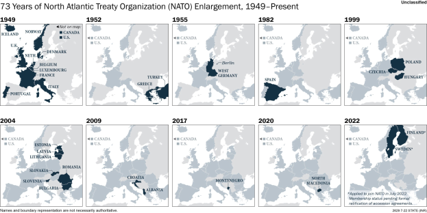Karte veranschaulicht die 73-jährige Erweiterung der NATO von 1949 bis heute, unterteilt nach Regionen und Jahren des Beitritts.