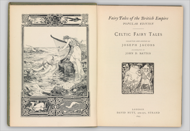 Offenes Buch mit einer Illustration eines keltischen Feenmärchens auf dem Cover, das auf einer flachen Oberfläche liegt und detaillierte und farbenfrohe Innenillustrationen zeigt.