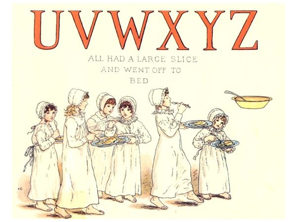 Gruppe von Menschen mit Tellern mit Essen, eine Schüssel und Löffel auf der rechten Seite, mit dem Text "Uwxyz - Alle hatten ein großes Stück und gingen ins Bett" oben.