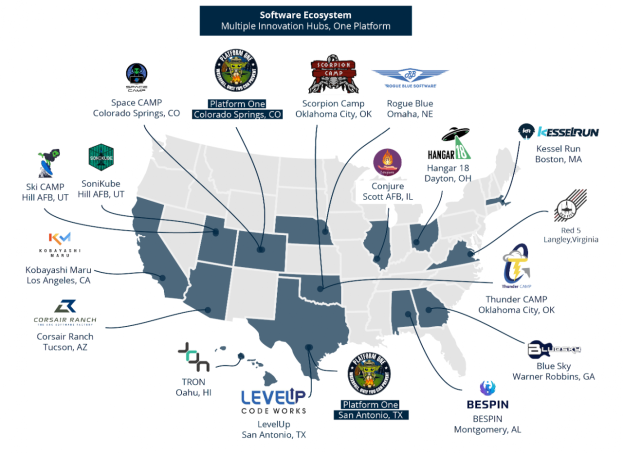Eine Karte der Vereinigten Staaten mit Logos verschiedener Unternehmen im Software-Ökosystem und Texten, die die Unternehmen und ihre Standorte beschreiben.