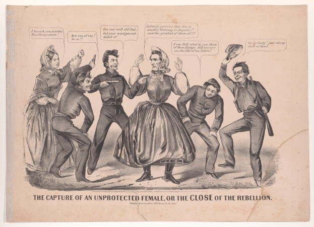 Schwarz-weiß-Illustration mit dem Titel 'Die Gefangennahme einer ungeschützten Frau oder das Ende der Rebellion', die besorgte Menschen am Boden zeigt, einige schauen ängstlich nach oben, andere traurig nach unten.