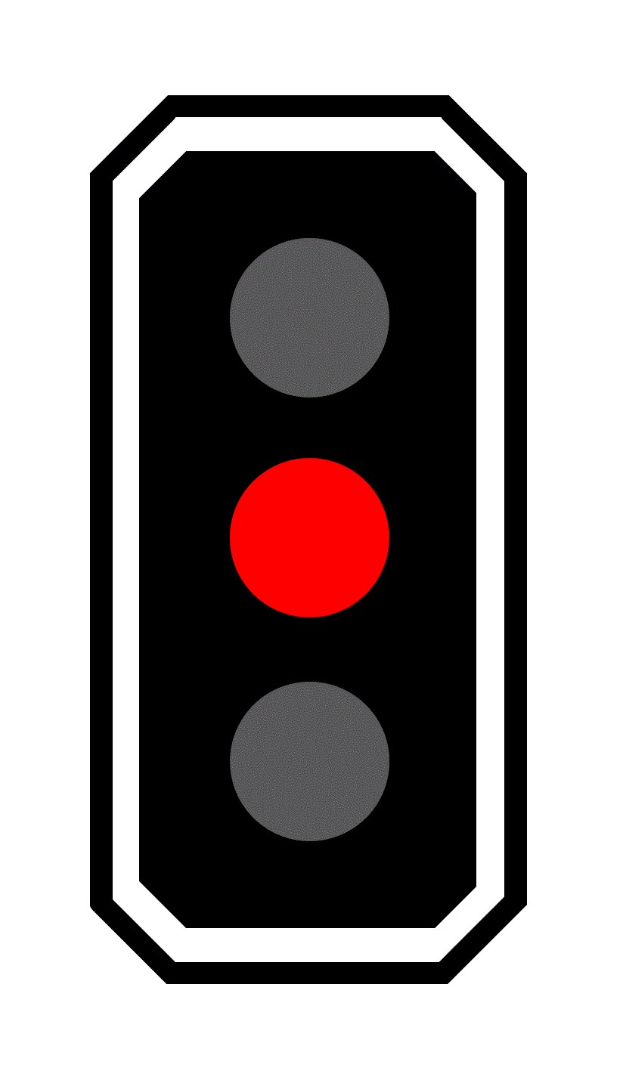 Schwarzer und weißer Ampel mit allen drei Lichtern rot leuchtend.