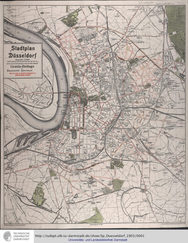 Alte detaillierte Karte von Düsseldorf, Deutschland, mit Straßen, Gebäuden und Sehenswürdigkeiten mit Textanmerkungen.