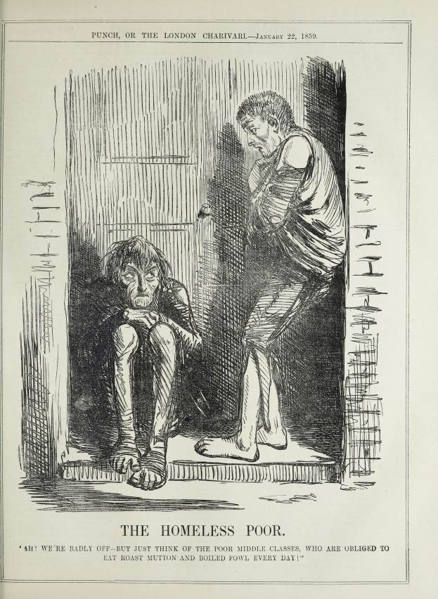 Eine Zeitung mit einer Zeichnung von zwei Personen, einer sitzend und einer stehend, mit den Worten "Die Obdachlosen Armen" darauf.