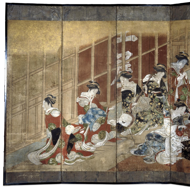 Ein japanisches Vier-Paneel-Bild aus der Meiji-Zeit, das einen Kreis von Frauen in leuchtenden Kimonos vor einem tiefblauen Hintergrund zeigt, wobei eine Frau in der Mitte die Arme ausstreckt.