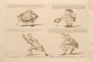 Eine Buchseite, die einen Mann in einem Anzug und eine Frau in einem Kleid zeigt, die Reden halten, mit dem Text "Jungfernreden in der neuen Parlamentssitzung von 1796".