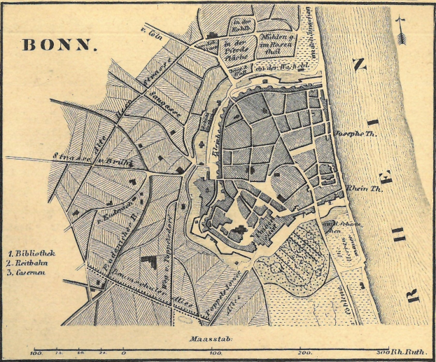 Ausführliche alte Karte von Bonn, Deutschland, zeigt Stra├čen, Geb├Ąude und Landmarken mit Text.