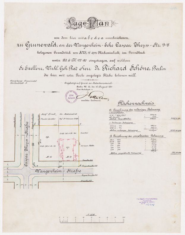 Ein detaillierter alter Stadtplan eines Parkplatzes in Berlin, der den Aufbau, Text und einen Stempel zeigt, der den Standort angibt.
