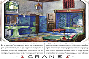 Eine Buchseite mit einer Abbildung eines Badezimmers mit Waschbecken, Wasserhahn, Spiegel, Lampe, Fenster, Tür, WC, Hocker, Stuhl, Badewanne und einem Teppich.