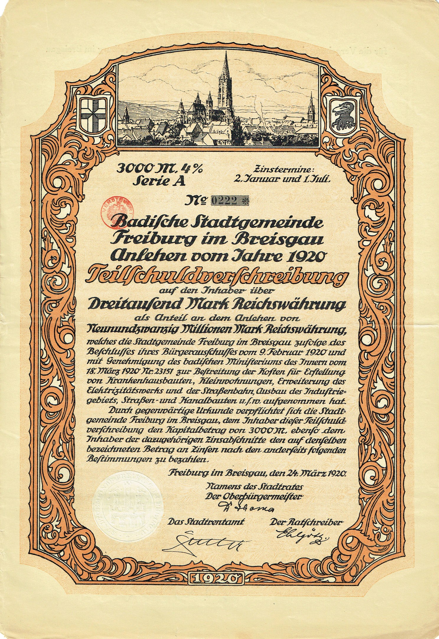 Altes deutsches Aktienzertifikat mit einer Stadtansicht und gedrucktem Text zu den Aktien Details.