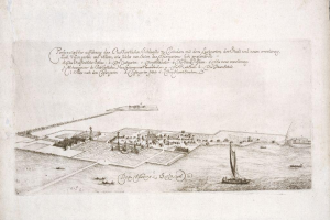 Ein altes Buch mit einer zentralen Illustration von Köln, Deutschland, umgeben von Booten auf dem Wasser, und dem Text "Plan der Stadt Köln, Deutschland" sichtbar.