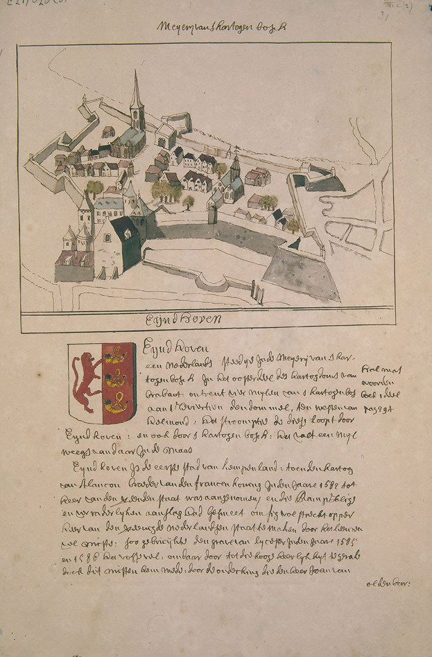 Altes Buch mit einer Zeichnung einer Stadt mit Gebäuden und einem Logo, begleitet von Text, der die Stadt beschreibt.