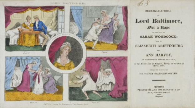 Ein historisches Dokumentenbild, das ein Blatt mit Porträts, Vorhängen und Text zeigt, der mit einem Vergewaltigungsprozess gegen Lord Baltimore, Sarah Woodcock und Elizabeth Griffinburg in Zusammenhang steht.