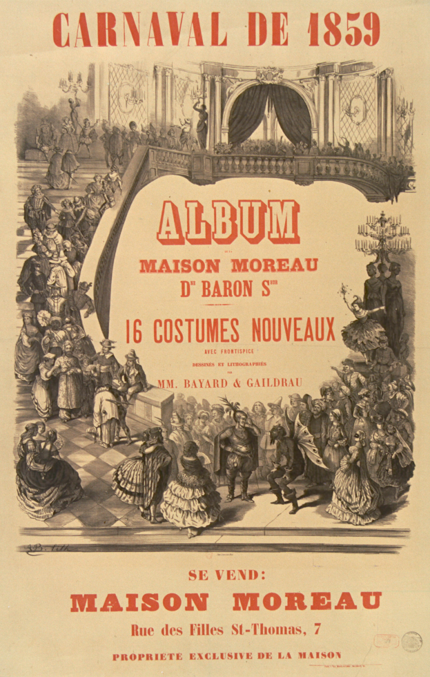 Ein Plakat für den Fasching von 1859, das eine Gruppe von Menschen in bunten Kostümen und Text zeigt, der das Ereignis beschreibt.