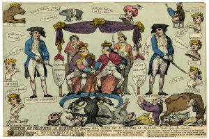 Eine Karikatur von Menschen in verschiedenenfarbigen Kleidern, einige sitzen und einige liegen auf dem Boden, mit Tieren und Gegenständen im Hintergrund und dem Text "Skizze der Politik in Europa" unten.