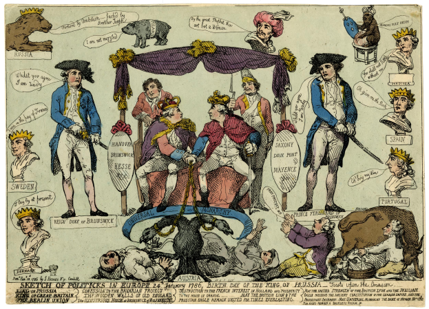 Eine Karikatur von Menschen in verschiedenenfarbigen Kleidern, einige sitzen und einige liegen auf dem Boden, mit Tieren und Gegenständen im Hintergrund und dem Text "Skizze der Politik in Europa" unten.