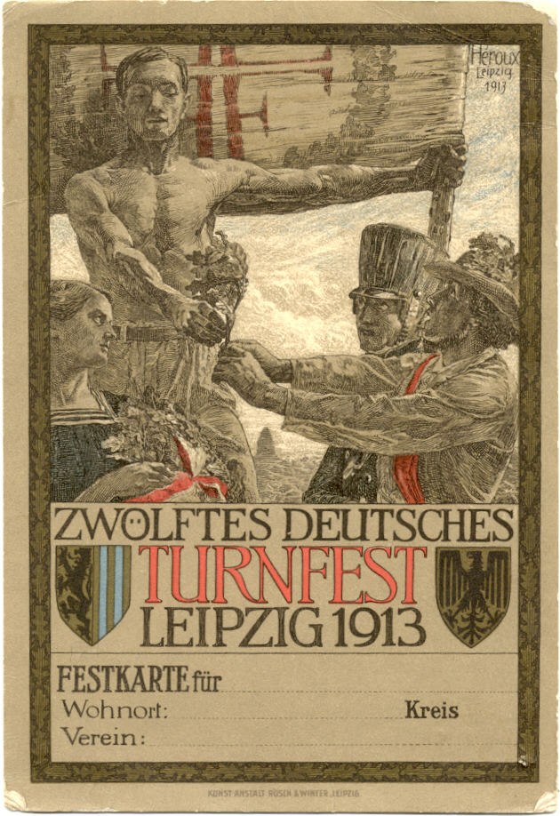 Plakat für das Zwölfte Deutsche Turnfest Leipzig 1913, das eine zentrale Gruppe von Menschen und Text mit Veranstaltungseinzelheiten zeigt.