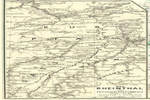 Ein detailliertes altes Kartenbild des Rheins in Deutschland, das verschiedene Flüsse, Städte und Gewässer zeigt, mit beschreibendem Text oben und unten.
