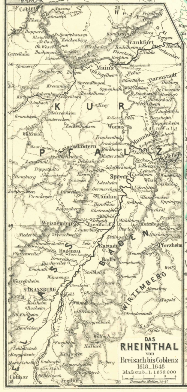 Ein detailliertes altes Kartenbild des Rheins in Deutschland, das verschiedene Flüsse, Städte und Gewässer zeigt, mit beschreibendem Text oben und unten.
