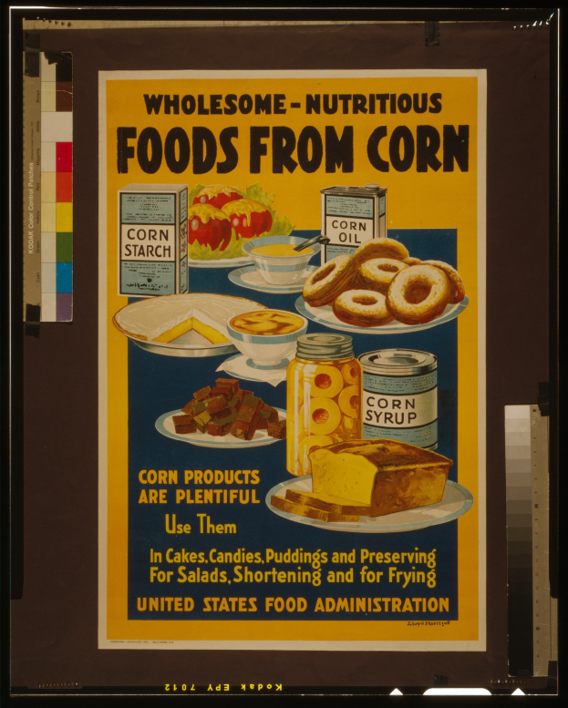 Buntes Plakat der United States Food Administration mit Bildern von Obst, Gemüse, Getreide und Milchprodukten und der fetten schwarzen Schrift "Gesunde-Nährstoffreiche Lebensmittel aus Mais" auf einem hellblauen Hintergrund.