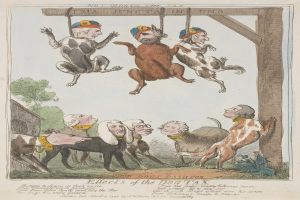 Ein Papier mit einer Zeichnung von Menschen und Tieren, darunter ein Hund, der an einem Holzpfahl hängt, mit begleitendem Text, der wahrscheinlich die Auswirkungen einer Hundegebühr beschreibt.