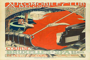 Eine Person sitzt in einem Auto und hält ein Glas und einen Stock in den Händen, mit Bäumen im Hintergrund, auf einem Plakat, das einen Automobilclub in Brüssel, Belgien, bewirbt, mit Text.