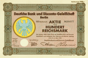 Eine alte deutsche Banknote mit einer Vogeldarstellung und der Aufschrift "Deutsche Bank und Disconto-Gesellschaft Berlin".