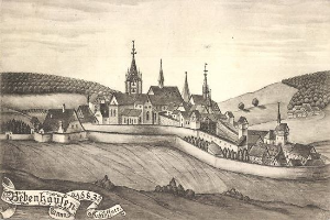 Eine Schwarz-Weiß-Zeichnung einer Stadt mit einem zentralen Schloss, umgeben von Häusern, Bäumen, Hügeln und einem Himmel, mit der Aufschrift "Bayerisch" unten.