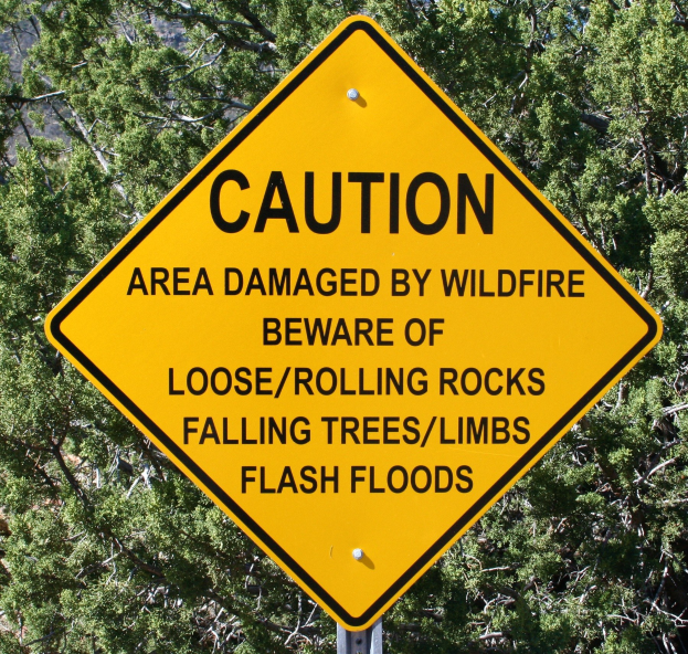 Gelbes Warnschild an einem Pfahl im Vordergrund, das vor Waldbrandschäden, lockeren Steinen, umstürzenden Bäumen und Überschwemmungen warnt, mit Bäumen im Hintergrund.