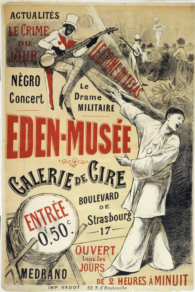 Plakat für das Eden-Musee Galerie de Cire in Straßburg, Frankreich, das eine Person zeigt, die ein Musikinstrument spielt, umgeben von anderen Musikern, die verschiedene Instrumente spielen, mit Text, der Informationen zum Event enthält.