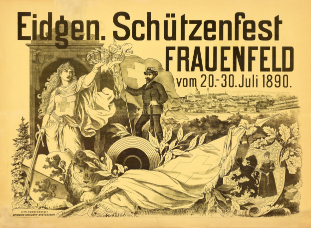 Alter Plakat für das Eidgenössische Schützenfest in Frauenfeld, Deutschland, das einen Mann in einem Anzug und eine Frau in einem Kleid zeigt, die nebeneinander stehen, mit Ereignisinformationen im Text.
