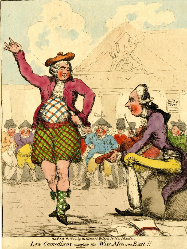 Karikatur eines Mannes in einem Kilt und einer Frau in einem Kleid, die vor einer Menge stehen, mit einem Gebäude und Wolken im Hintergrund und Text unten, der 'Niedrige Komiker amüsieren die weisen Männer des Ostens' lautet.