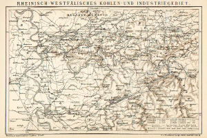 Ein altes Kartenbild des Rheinisch-Westfälischen Kohlen- und Industriegebiets, das Flüsse, Berge und Städte mit Text oben und unten zeigt.