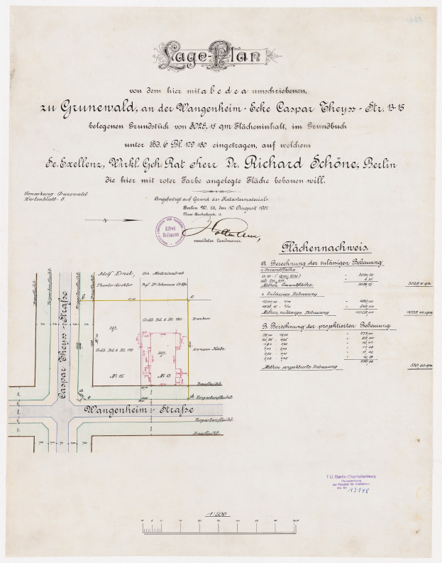 Detaillierter alter Stadtplan-Dokument zeigt ein Berlin-Autopark-Layout mit Text und einem Stempel.