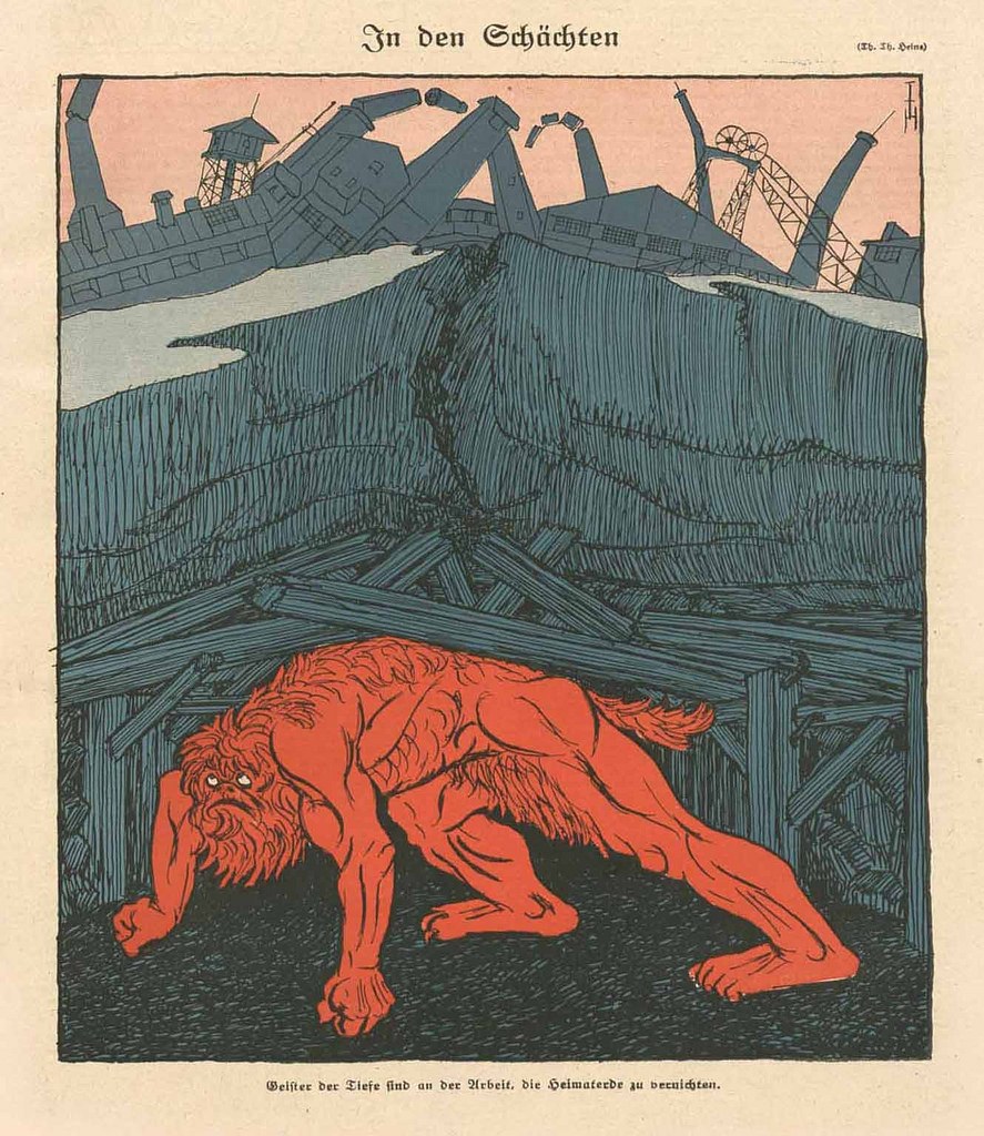 Illustration eines bedrohlichen Werwolfs in Kampfstellung vor einem rauchenden Fabrikgelände unter einem tiefblauen Himmel, mit einem Plakat im Hintergrund, das den Werwolf und eine fette Schrift zeigt.