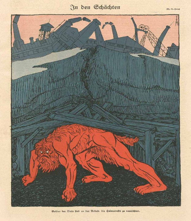 Illustration eines bedrohlichen Werwolfs in Kampfstellung vor einem rauchenden Fabrikgelände unter einem tiefblauen Himmel, mit einem Plakat im Hintergrund, das den Werwolf und eine fette Schrift zeigt.