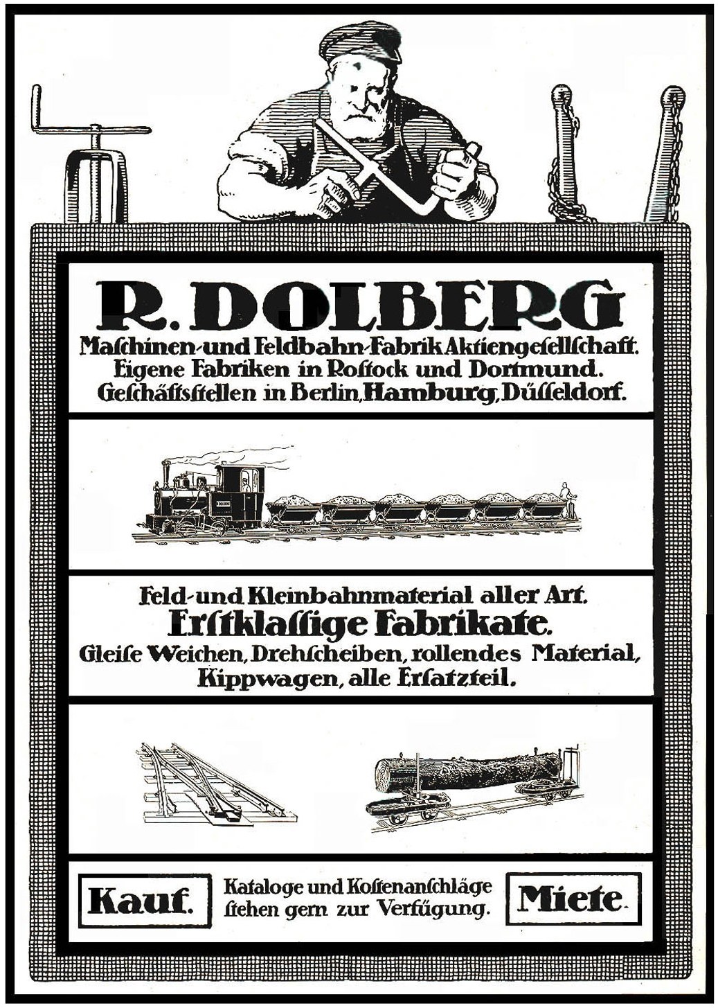 Werbeplakat für die Fabrik von R.D. Dolberg in Hamburg, Deutschland, das Text, eine Person, einen Zug und andere Gegenstände zeigt.