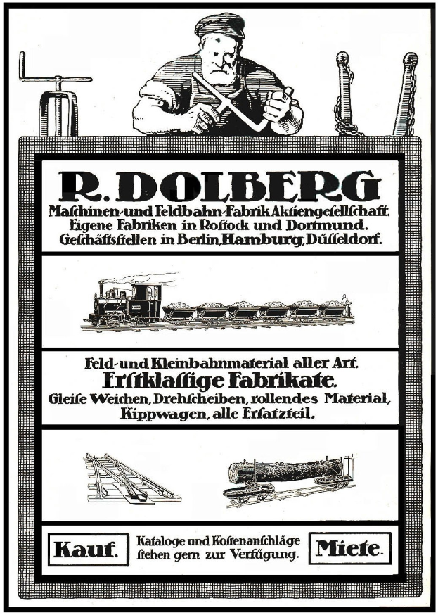 Werbeplakat für die Fabrik von R.D. Dolberg in Hamburg, Deutschland, das Text, eine Person, einen Zug und andere Gegenstände zeigt.