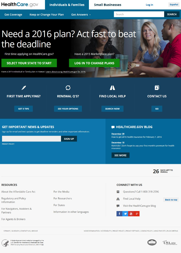 Seite der Gesundheitsversorgung Gov-Website zeigt eine Gruppe von Menschen an einem Tisch mit Gläsern und anderen Gegenständen, mit dem Webseitentitel und Informationen.