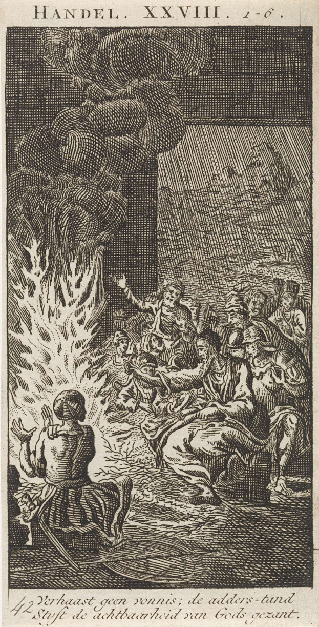 Schwarze und weiße Gravur von Menschen, die sich um ein Feuer versammelt haben, einige sehen ängstlich nach oben und andere ehrfürchtig nach unten, mit Text oben und unten auf dem Papier.